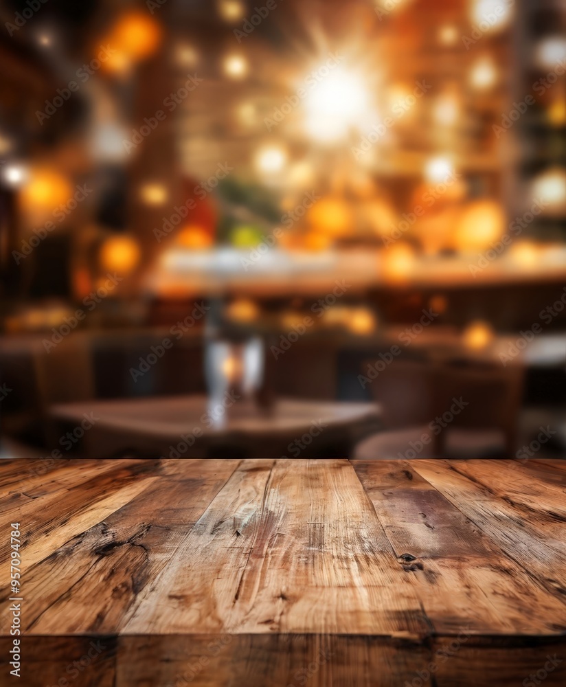 wooden table with blurred lights in the background wooden table with blurred lights in the background