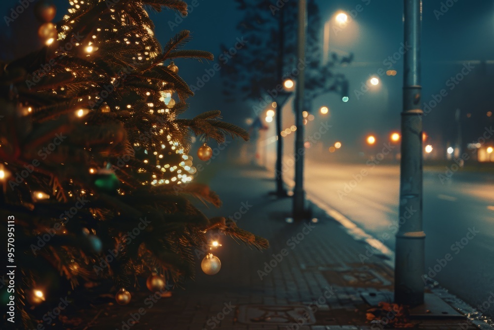 A tranquil nighttime street adorned with softly glowing Christmas lights on a decorated tree, creating a festive yet serene atmosphere. A tranquil nighttime street adorned with softly glowing Christmas lights on a decorated tree, creating a festive yet serene atmosphere.
