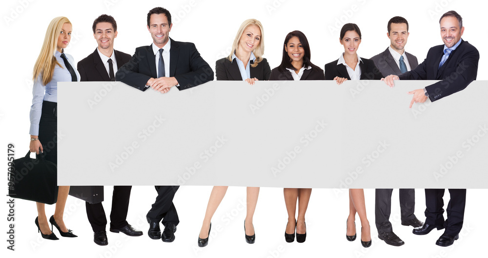 Business professionals showcasing a large empty banner for marketing purposes Business professionals showcasing a large empty banner for marketing purposes