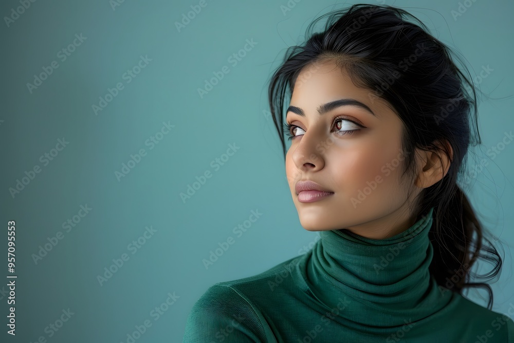 Close-up Portrait of a Young Woman with Teal Background and Long Hair Close-up Portrait of a Young Woman with Teal Background and Long Hair