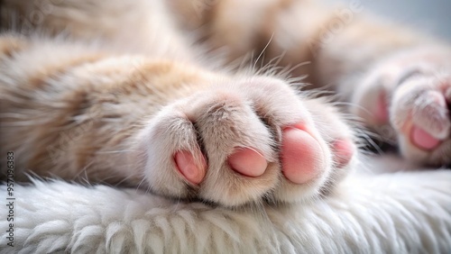 Soft, fluffy fur and delicate pink pads of a curious cat's paw are showcased in exquisite detail, claws gently curled, inviting a gentle touch.