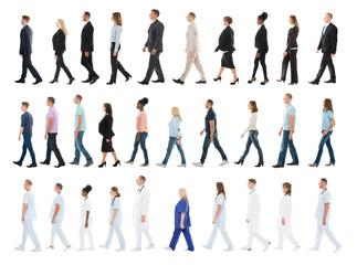 Diverse Group of Professionals Walking in Line - Surgeon, Nurse, Businesswoman