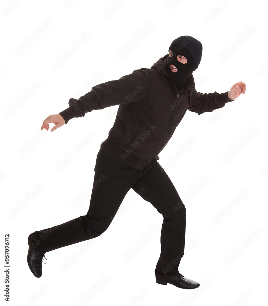 Caught in Action: Masked Man Makes a Dash in a White Room as Loses Pursuers Caught in Action: Masked Man Makes a Dash in a White Room as Loses Pursuers