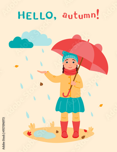 A4 poster Hello, autumn! A happy girl under an umbrella in autumn clothes catches raindrops.