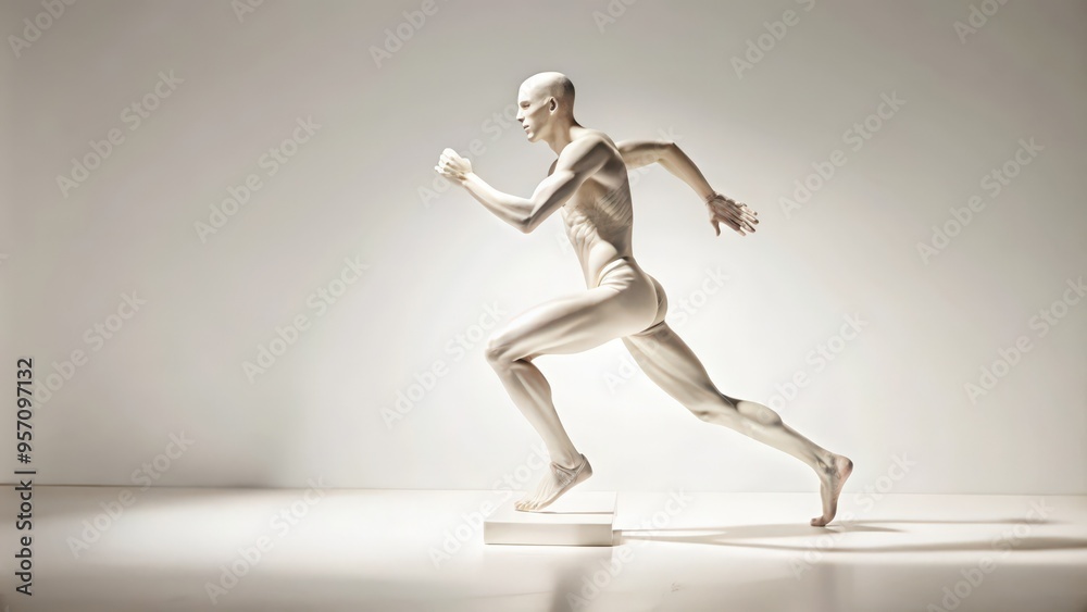 Obraz premium A nude, sculpted figure in mid-stride, running with an extended leg and arm, posed against a white backdrop.