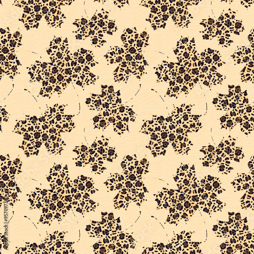 Maple leaves with panther print. Texture for textiles, paper, wrapping. Illustration with noise