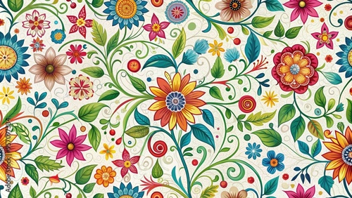 Vibrant, intricate seamless floral pattern features blooming flowers, swirling vines, and geometric shapes in a mesmerizing dance of color and texture on a white background. photo