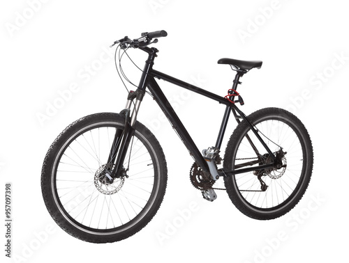 Professional cyclist rides sleek black mountain bike against white background