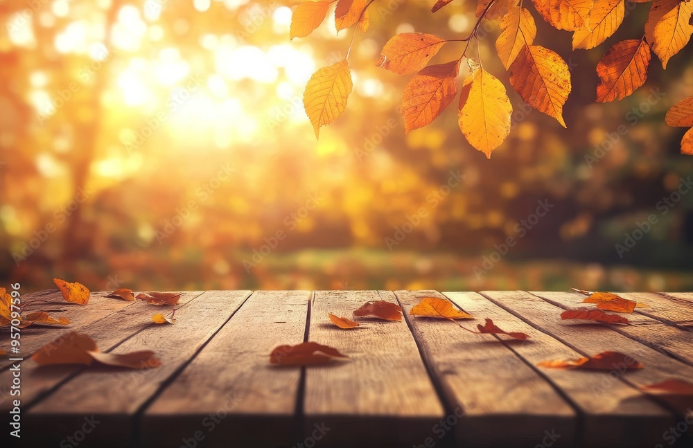 Φωτογραφία Thanksgiving and other seasonal messages on a wooden tabletop product display with copyspace and a golden brown autumn background