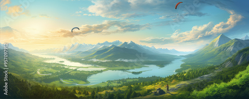 Paragliding over mountainous landscape at sunset. banner