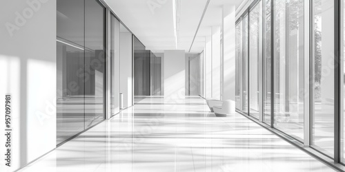 Empty white hallway with large windows.