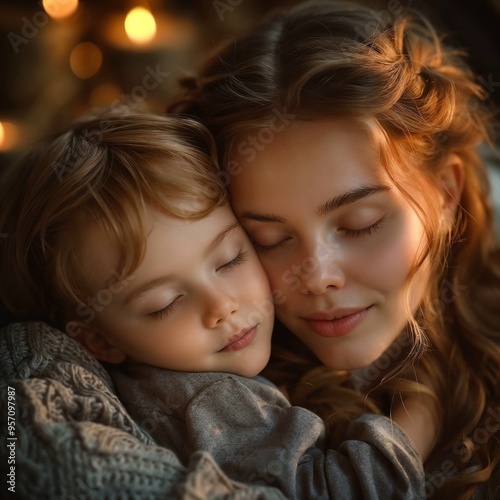 Mother and child embracing each other with closed eyes, enjoying a moment of love and warmth