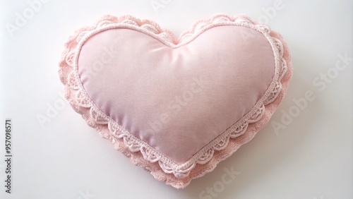 Soft, plush heart-shaped pillow in pastel pink hue with delicate lace trim, against a clean white background, evoking feelings of love, comfort, and serenity.