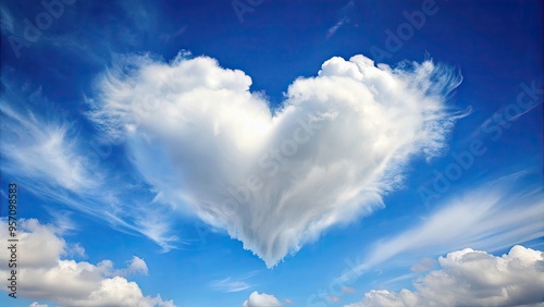 Soft, puffy white cloud in the shape of a heart floats gently against a serene blue sky with a hint of wispy cirrus clouds nearby. photo