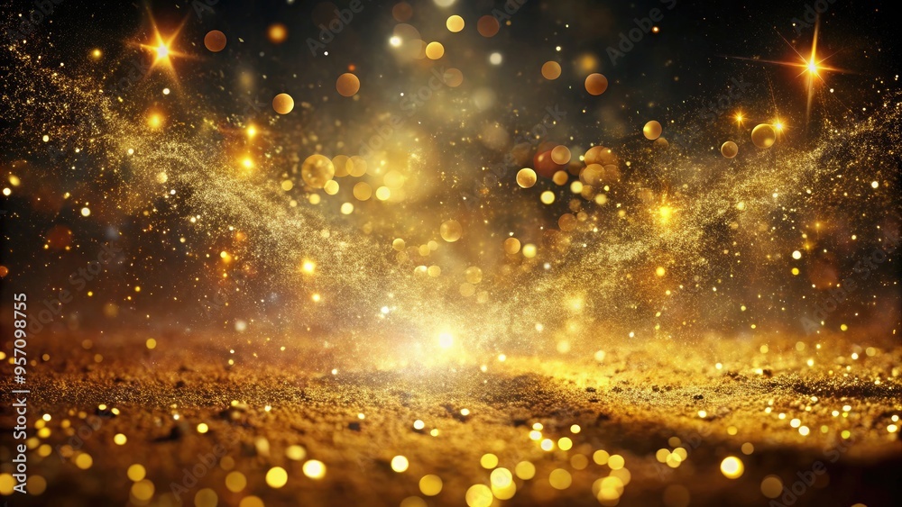Naklejka premium Soft, shimmering glimmers of gold dust dance across a dark, mystical background, radiating an otherworldly aura of luxury, magic, and ancient, forgotten knowledge.