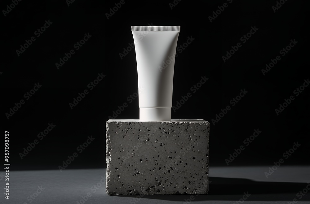 white cosmetic squeeze tubes on a black circular podium decorated with wood logs on a black background with smoke. white cosmetic squeeze tubes on a black circular podium decorated with wood logs on a black background with smoke.