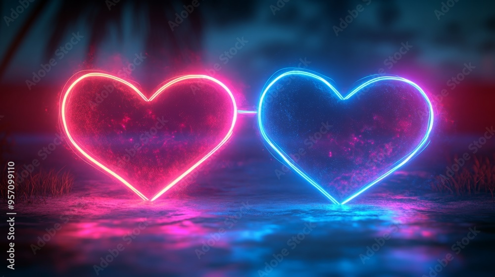 Abstract Neon Background with Two Glowing Hearts Linked Together: Drawn with a Single Glowing Line, Modern Minimal Line Art for Valentine's Day Romantic Symbols