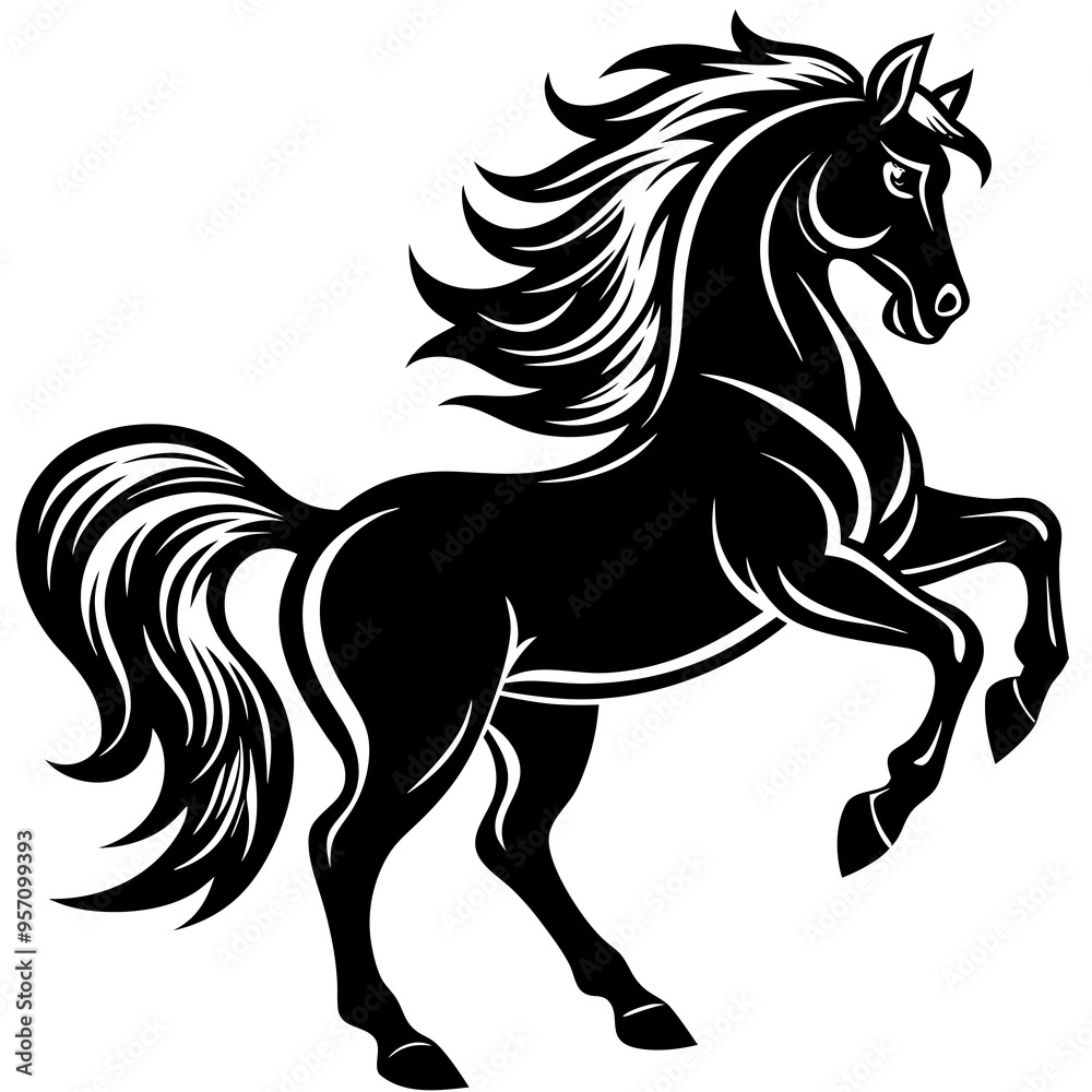 Create a Vector Silhouette of a Majestic Prancing Horse with Flowing Mane and Extended Legs Create a Vector Silhouette of a Majestic Prancing Horse with Flowing Mane and Extended Legs