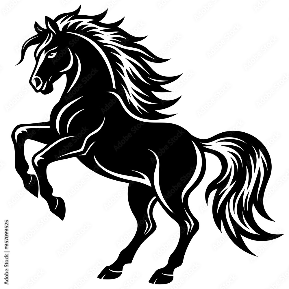 Create a Vector Silhouette of a Majestic Prancing Horse with Flowing Mane and Extended Legs Create a Vector Silhouette of a Majestic Prancing Horse with Flowing Mane and Extended Legs