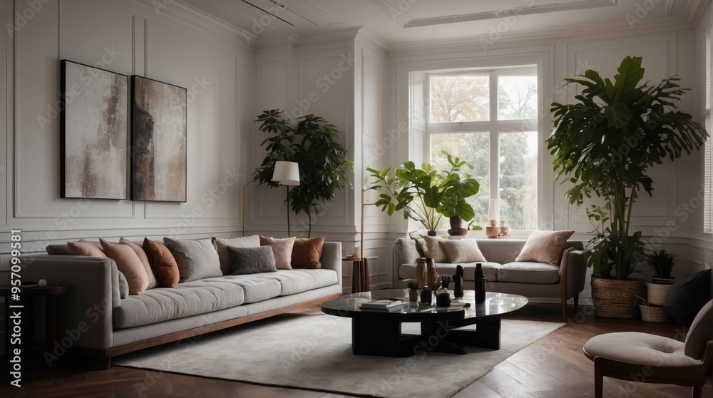 Fototapeta premium Minimalist beige interior, living room