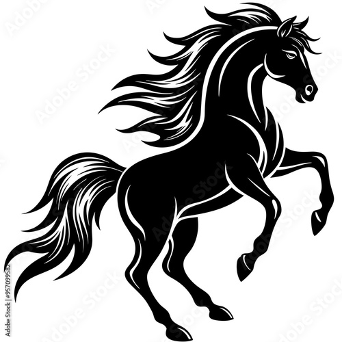 Create a Vector Silhouette of a Majestic Prancing Horse with Flowing Mane and Extended Legs