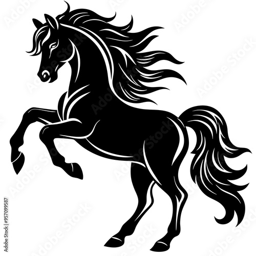 Create a Vector Silhouette of a Majestic Prancing Horse with Flowing Mane and Extended Legs