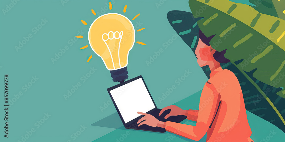 Employee Training: A person using a laptop with an animated lightbulb above their head, illustrating the process of gaining new skills Employee Training: A person using a laptop with an animated lightbulb above their head, illustrating the process of gaining new skills