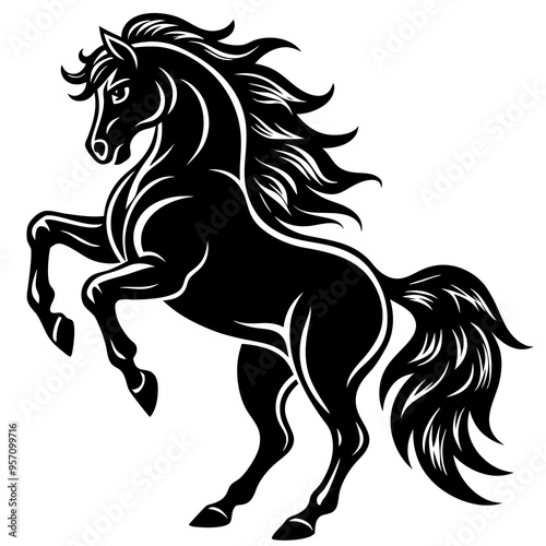 Create a Vector Silhouette of a Majestic Prancing Horse with Flowing Mane and Extended Legs