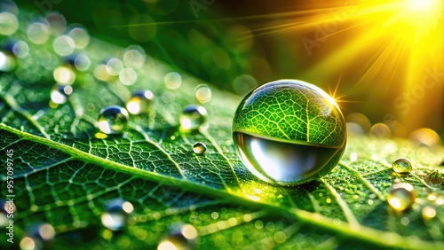 Sparkling water droplet glistens on a green leaf, revealing intricate microscopic details and tiny air bubbles, illuminated by soft natural light, against a blurred background. photo