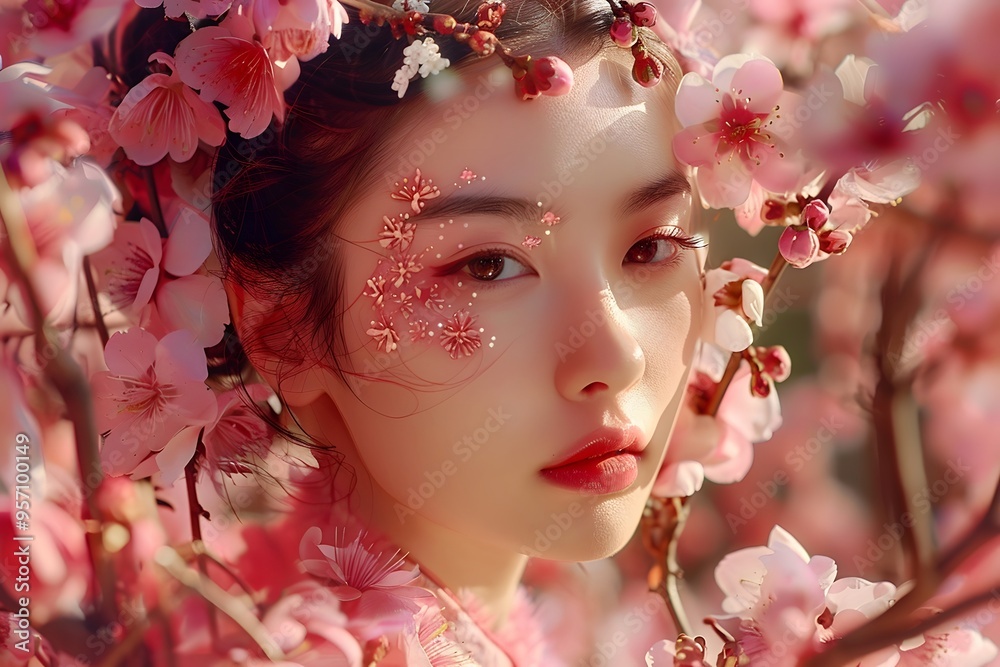 Delicate Beauty Amidst Cherry Blossoms in Soft Sunlight. Delicate Beauty Amidst Cherry Blossoms in Soft Sunlight.