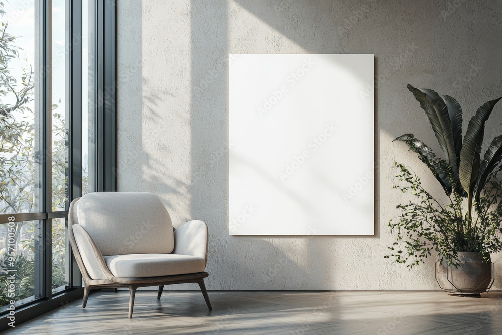 Poster Frame in Beige minimalist living room interior created with generative AI Poster Frame in Beige minimalist living room interior created with generative AI