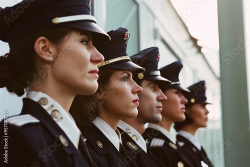 A line of uniformed individuals stands in formation, their serious expressions reflecting discipline and commitment. photo