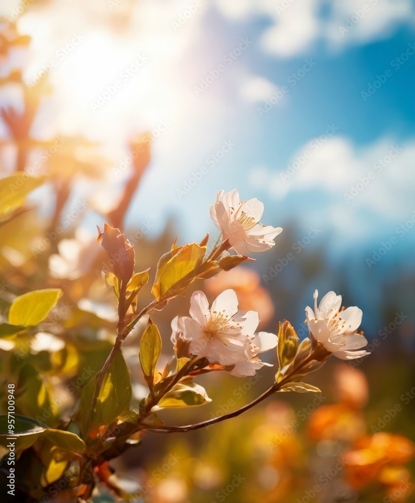 flower on tree branch with the sun shining in background flower on tree branch with the sun shining in background