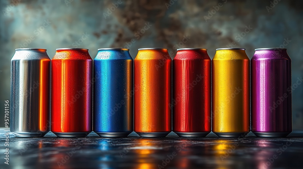 sleek aluminum soda cans arranged in striking formation metallic surfaces gleaming under studio lights showcasing variety of minimalist designs and vibrant colors sleek aluminum soda cans arranged in striking formation metallic surfaces gleaming under studio lights showcasing variety of minimalist designs and vibrant colors