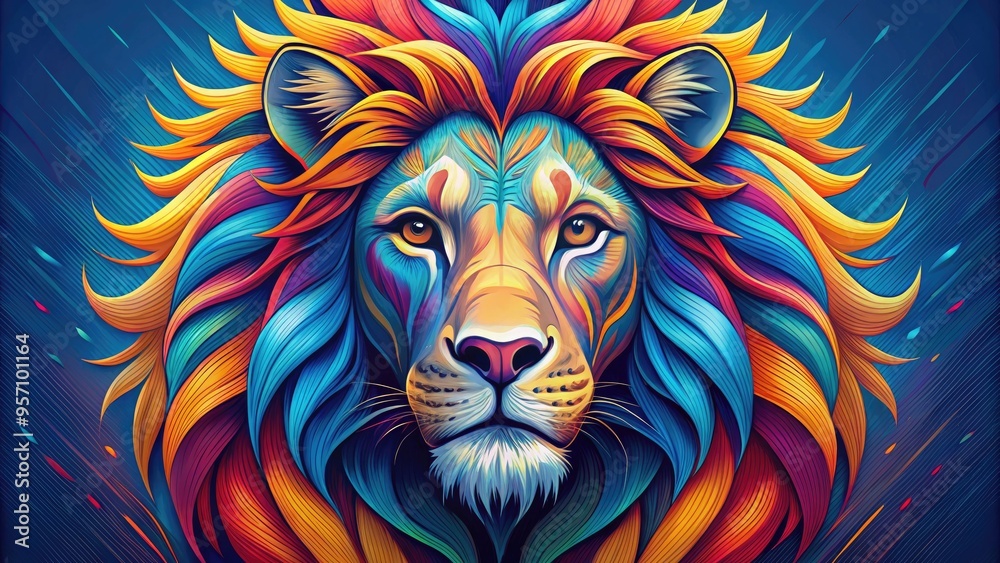 Stylized illustration of a majestic lion's head in vibrant colors and bold lines, set against a contrasting blue background with subtle texture and patterns. Stylized illustration of a majestic lion's head in vibrant colors and bold lines, set against a contrasting blue background with subtle texture and patterns.