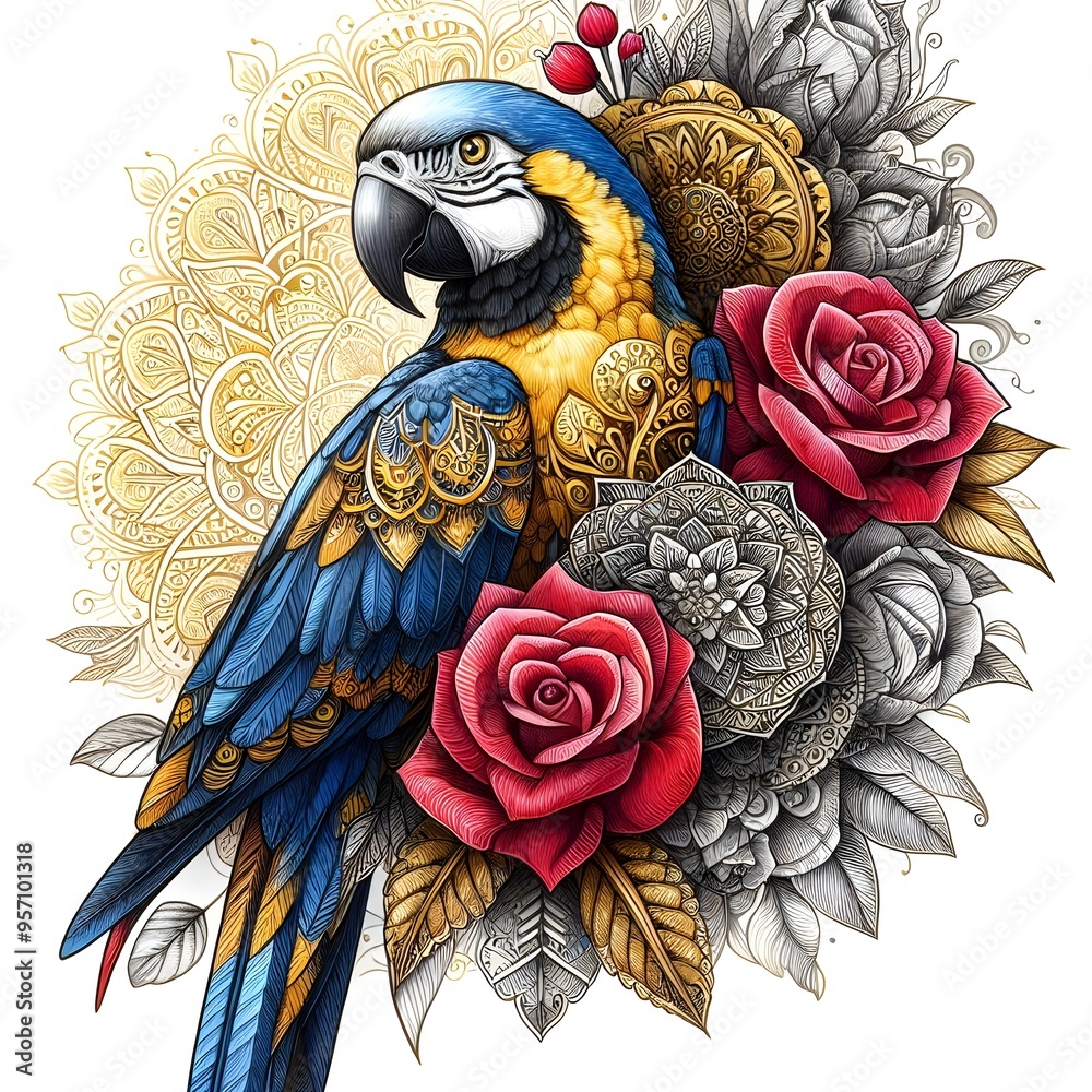 Obraz premium parrot on blooming hellebore pink flower watercolor illustration. Eastern sialia bird with tender spring flowers and green leaves. Realistic floral spring image Isolated on the white background