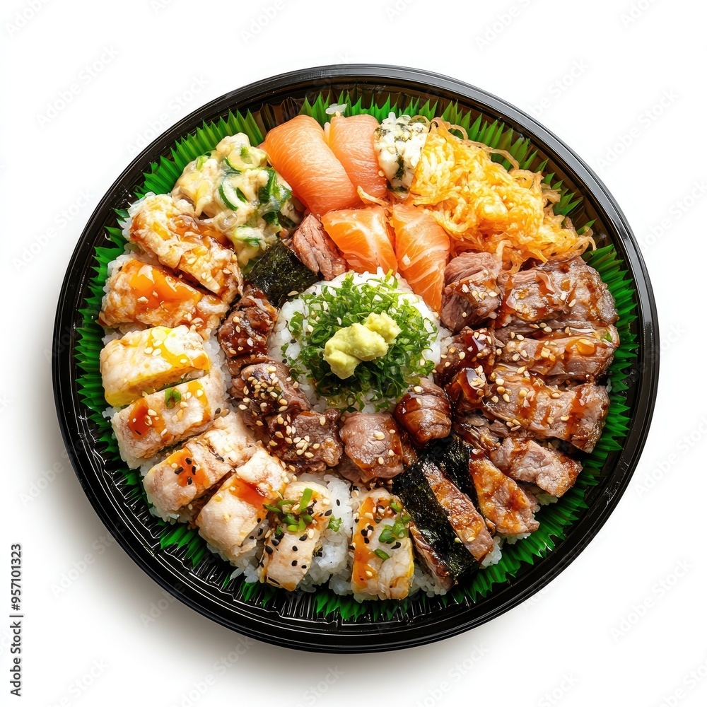 A Variety of Sushi Rolls and Sashimi Served in a Black Plastic Container A Variety of Sushi Rolls and Sashimi Served in a Black Plastic Container