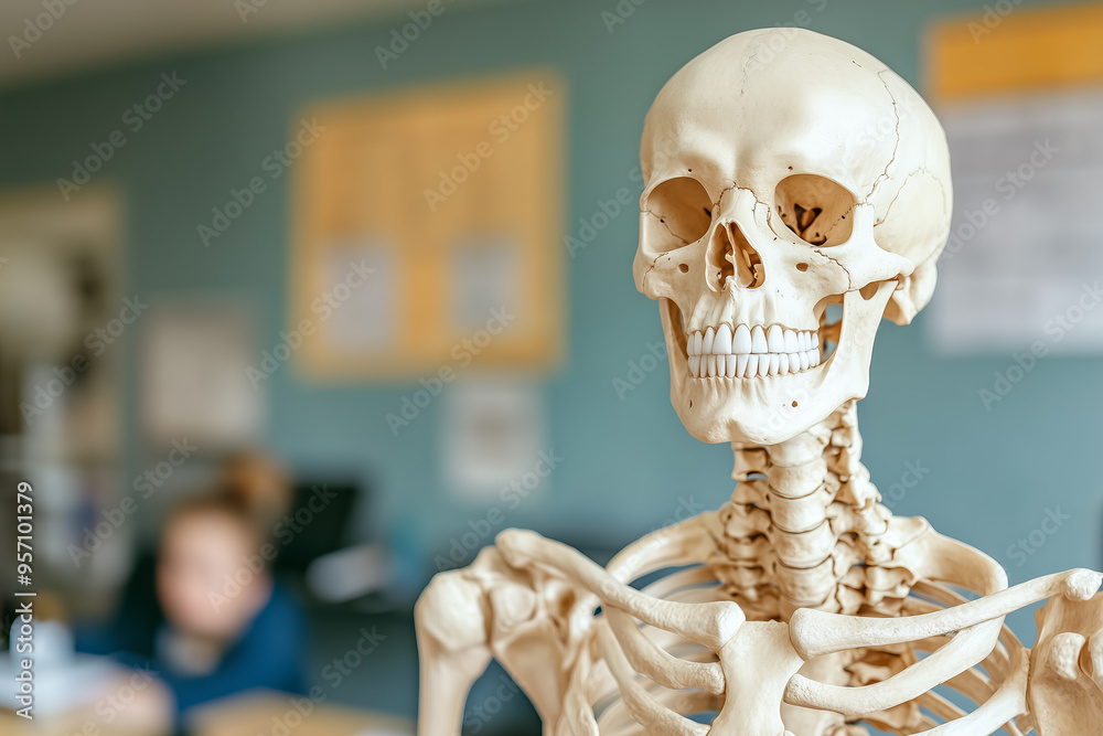 Skeleton bones model skull against science classroom school background, human body anatomy and biology concept. Skeleton bones model skull against science classroom school background, human body anatomy and biology concept.