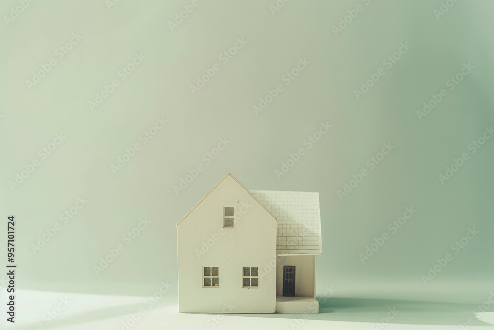 A minimalistic photograph of a tiny, pristine model house against a soft, pastel green background, highlighting simplicity and tranquility. A minimalistic photograph of a tiny, pristine model house against a soft, pastel green background, highlighting simplicity and tranquility.