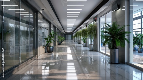 Modern office corridor with glass walls and large green plants, featuring clean design and bright lighting for a professional atmosphere. photo