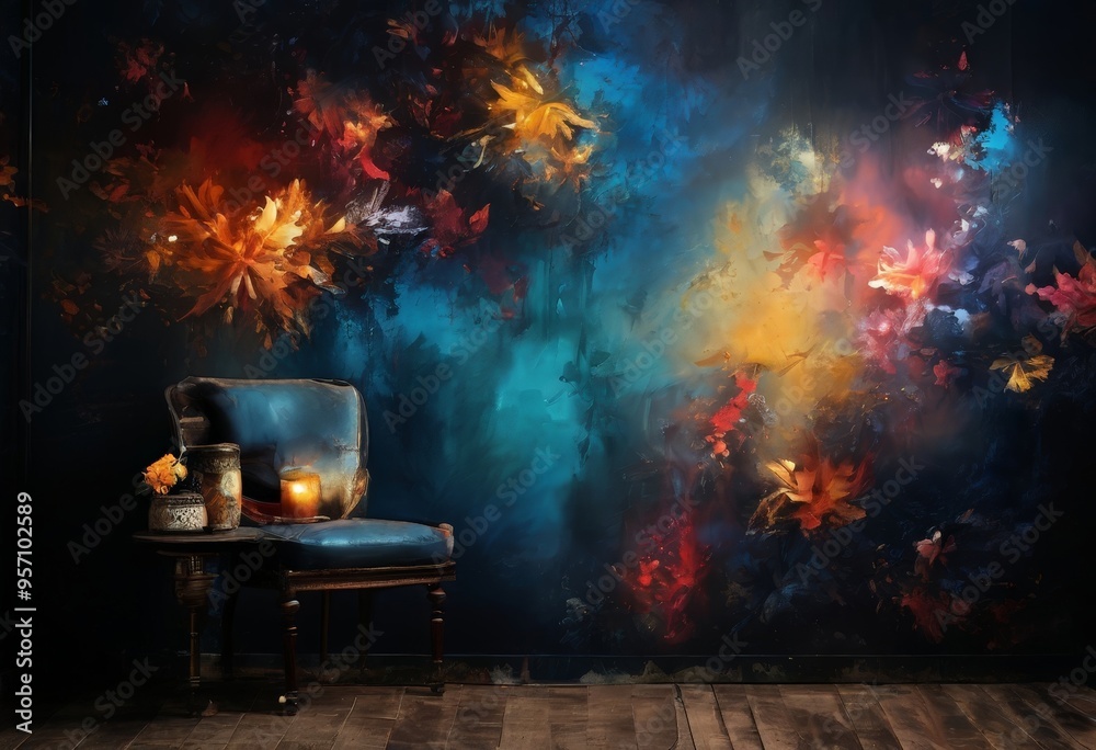 chair in front wall with painting on it chair in front wall with painting on it