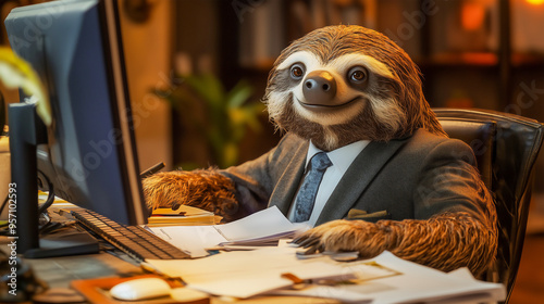 Smiling Sloth in officeman costume with lot of work on table, Relax in work concept . Funny animal concept . photo