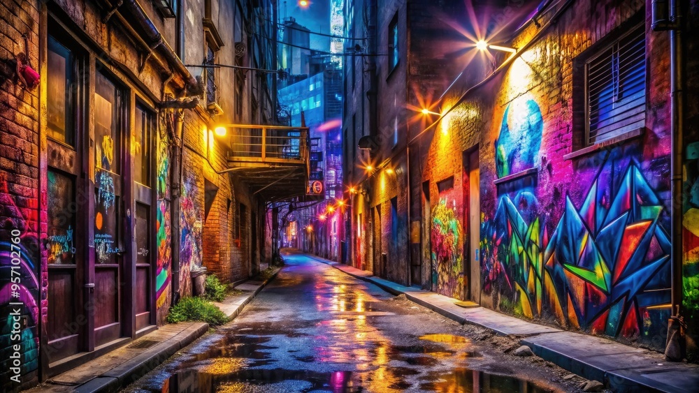 Fototapeta premium Vibrant neon hues illuminate a dimly lit alleyway, juxtaposed with bold, abstract graffiti tags and stylized letters that dance across crumbling urban walls.