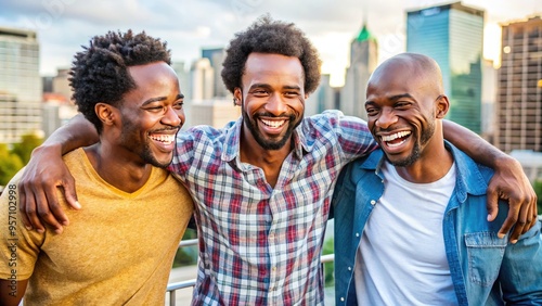 Three African American men, smiling and laughing together, embracing brotherhood and friendship as they stand in a scenic outdoor setting with a vibrant cityscape.