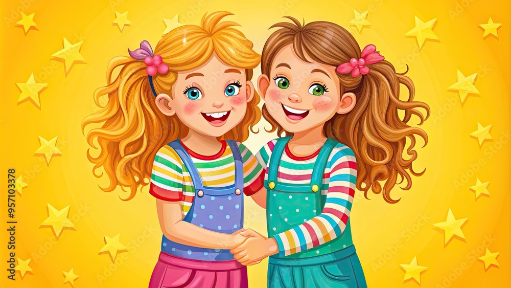 Two smiling young girls with identical hairstyles and bright outfits standing side by side, holding hands, and embracing each other in a joyful illustration. Two smiling young girls with identical hairstyles and bright outfits standing side by side, holding hands, and embracing each other in a joyful illustration.