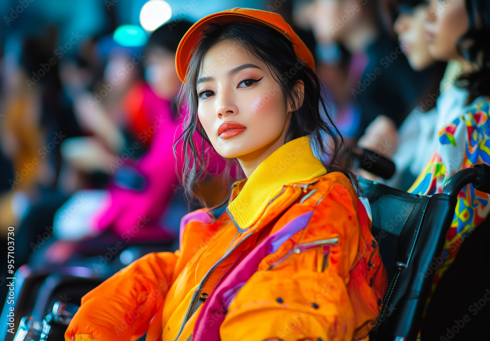 Fototapeta premium A smiling female model in a wheelchair, wearing a colorful coat with yellow and orange accents, poses at a fashion show.