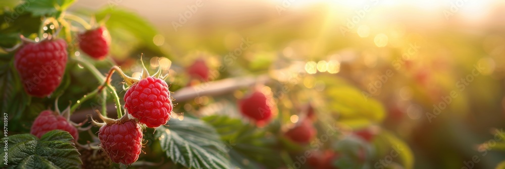 Closeup view of raspberry fruit on plant with leaf in plantation farm Closeup view of raspberry fruit on plant with leaf in plantation farm