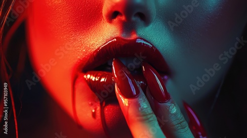 A woman with red lips and red nail polish photo