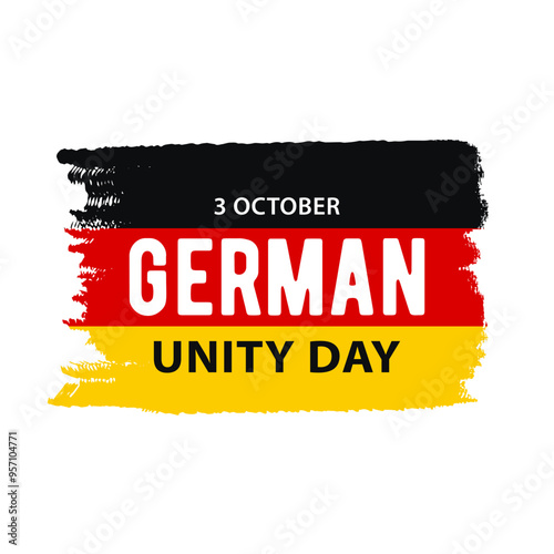 German Unity Day, flat vector illustration for greeting card, poster or banner. Text German Unity Day, october 3 on the backdrop of German flag isolated on white background.