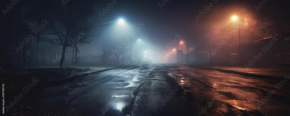 street at night with light in the fog street at night with light in the fog
